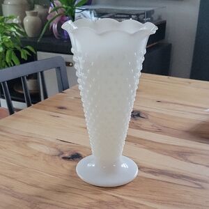 Vintage Anchor Hocking Hobnail Milk Glass Trumpet Vase - Ruffled Rim